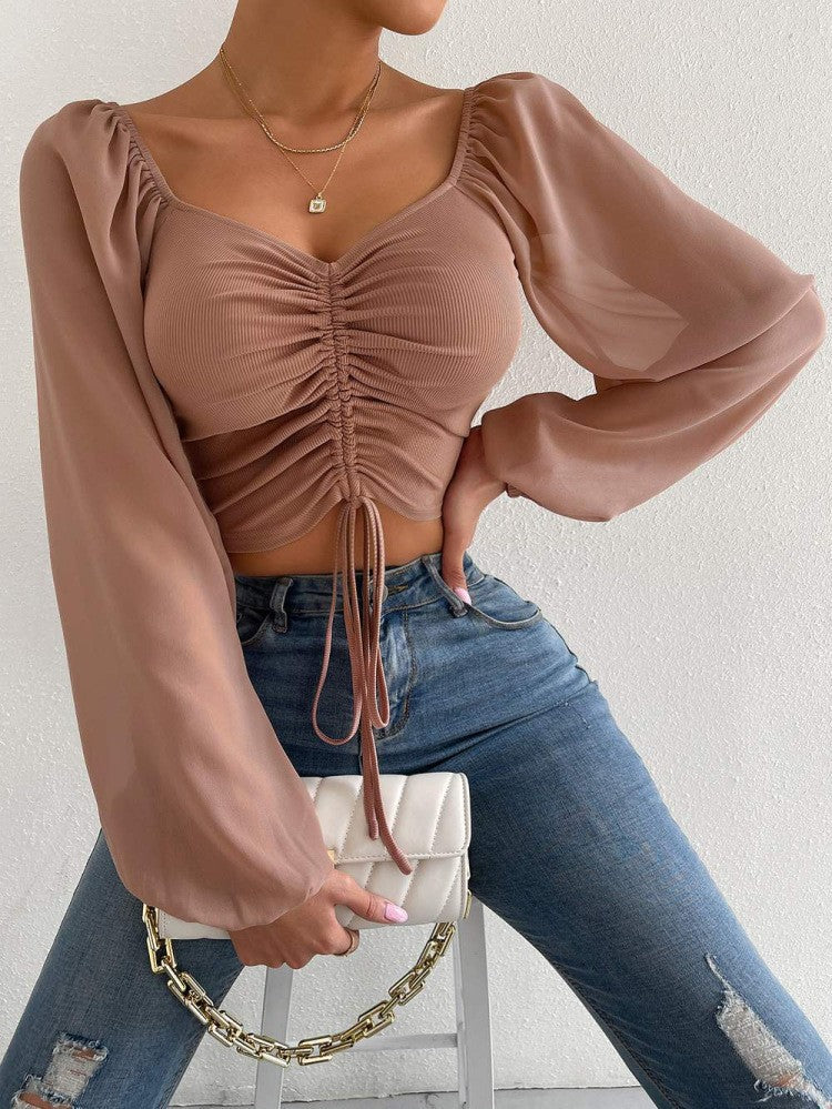 Sweetheart Neck Ruched Balloon Sleeve Blouse - Khaki
