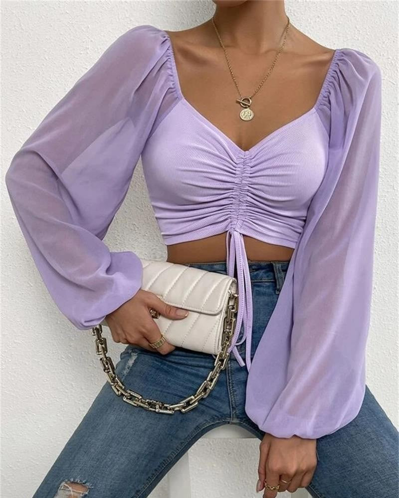 Sweetheart Neck Ruched Balloon Sleeve Blouse - Purple