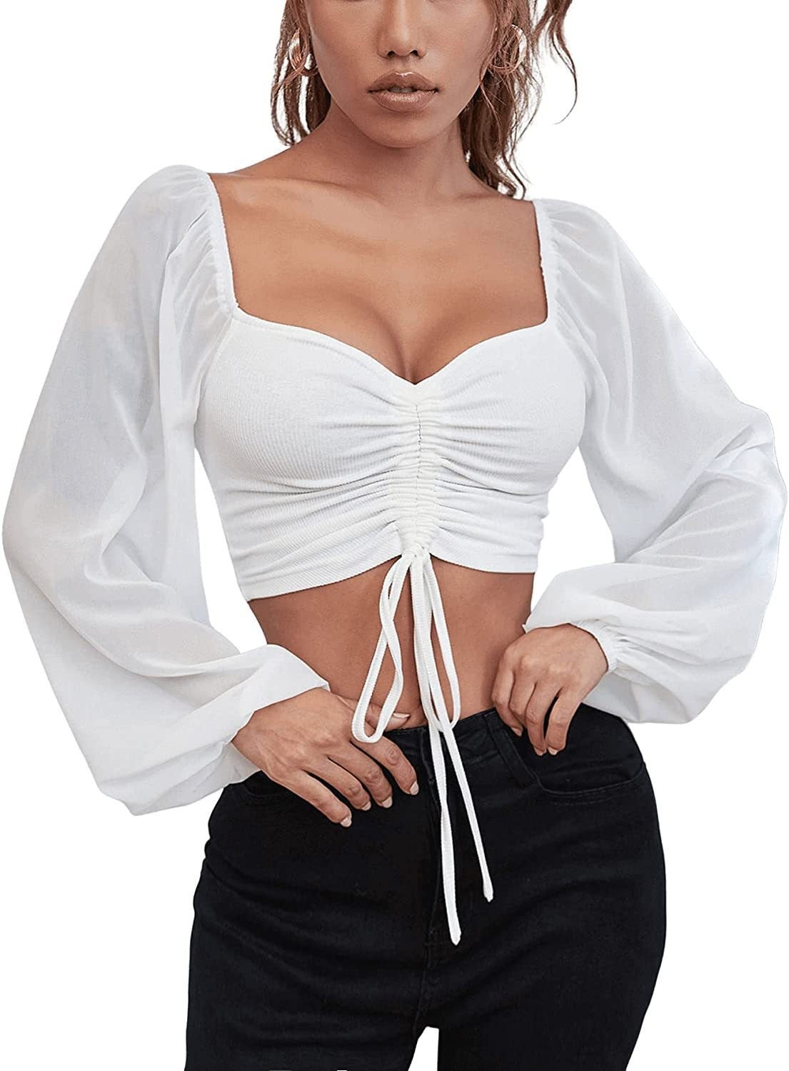 Sweetheart Neck Ruched Balloon Sleeve Blouse - White