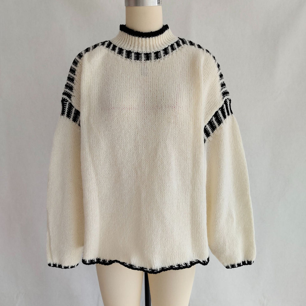 Whipstitch Edge Mock Neck Knit Pullover - Apricot