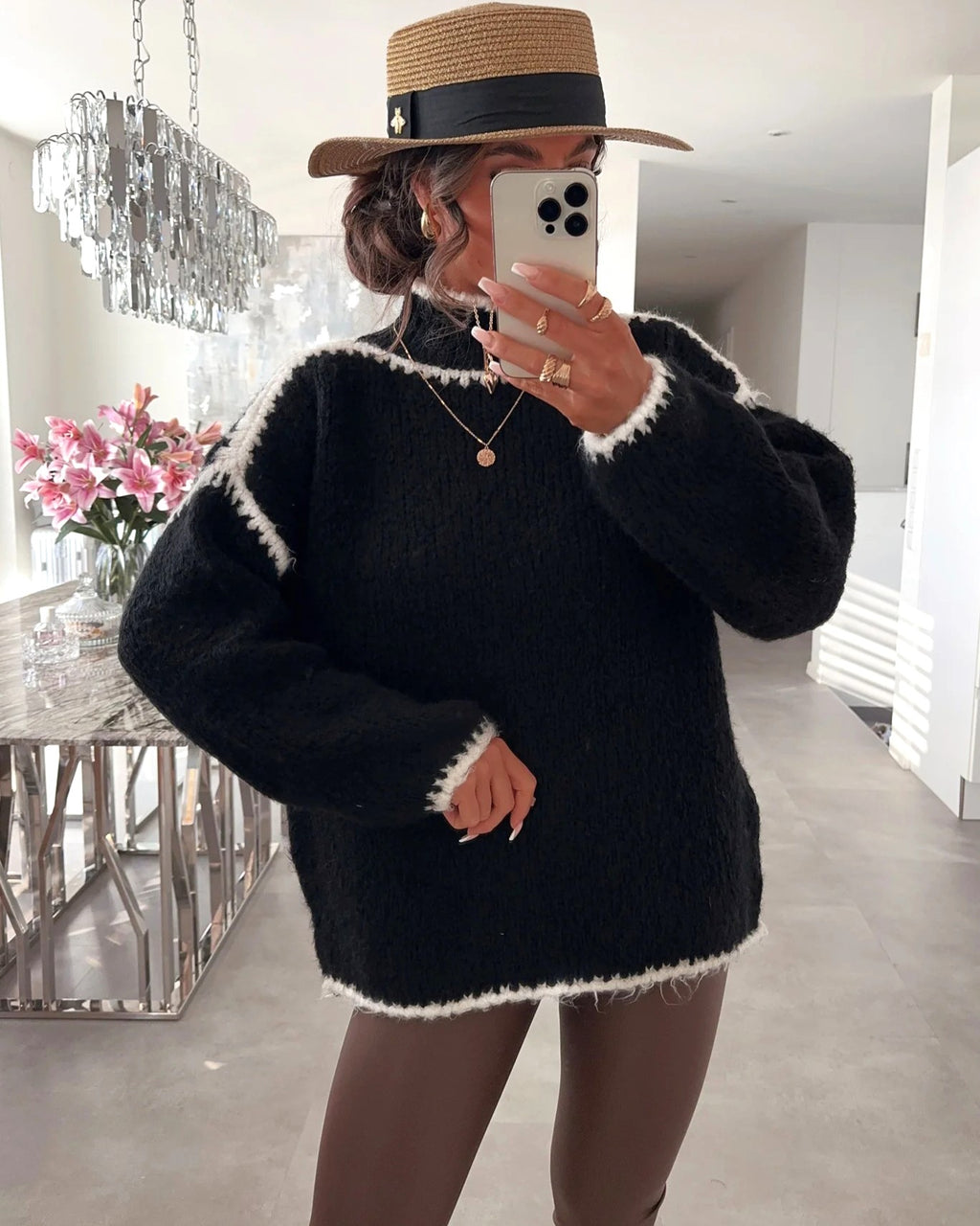Whipstitch Edge Mock Neck Knit Pullover - Black