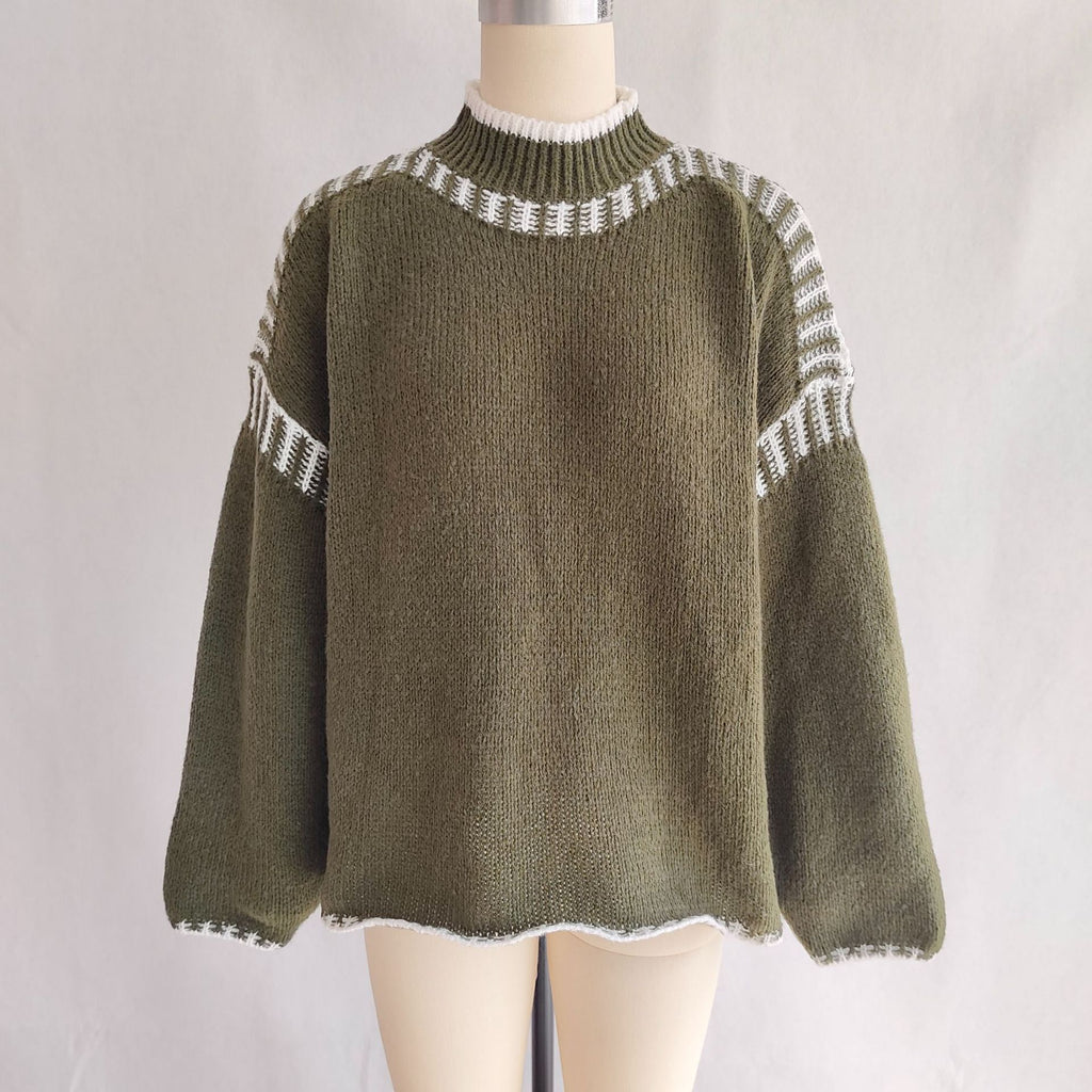 Whipstitch Edge Mock Neck Knit Pullover - Green
