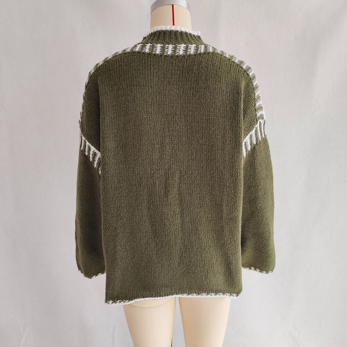 Whipstitch Edge Mock Neck Knit Pullover - Green - 1