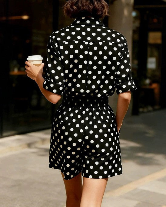 Polka Dot Elbow Sleeve Top And Shorts Set - Black - 2