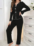 Ribbed Knit Bow Button Pajama Set - Black