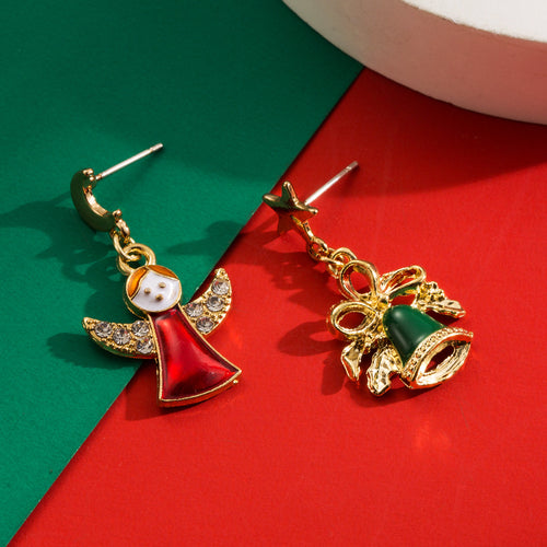 Angel And Bell Festive Drop Earrings - Red