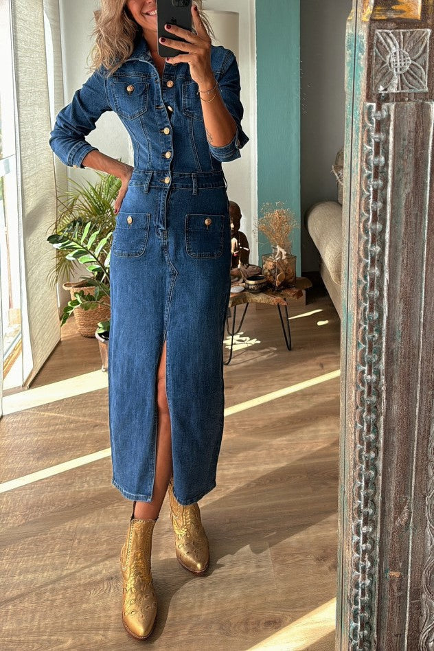 Long Sleeve Denim Maxi Shirt Dress With Split - Blue - 1