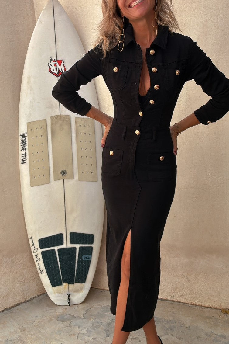 Long Sleeve Denim Maxi Shirt Dress With Split - black - 2