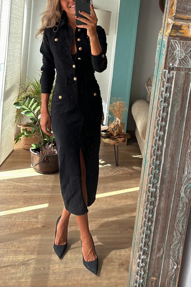 Long Sleeve Denim Maxi Shirt Dress With Split - black - 4