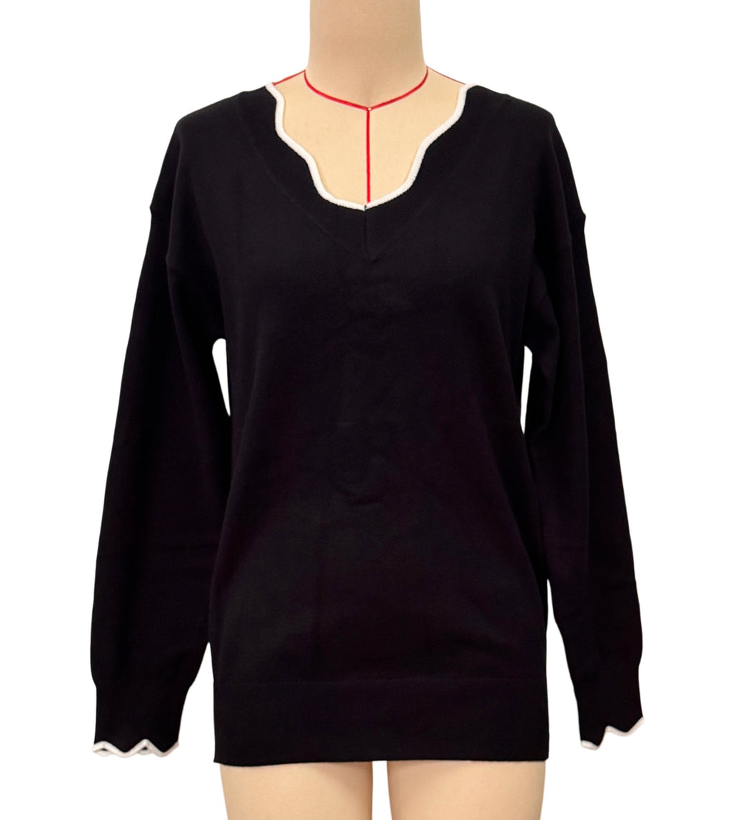 Wavy Trim Long Sleeve Knit Sweater - Black - 1