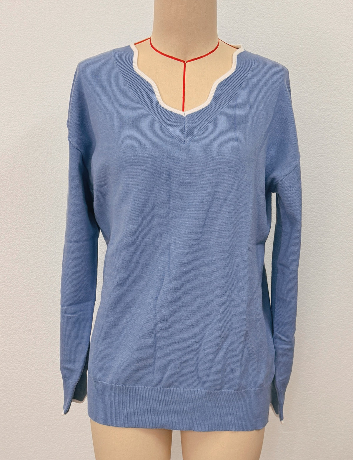 Wavy Trim Long Sleeve Knit Sweater - Blue