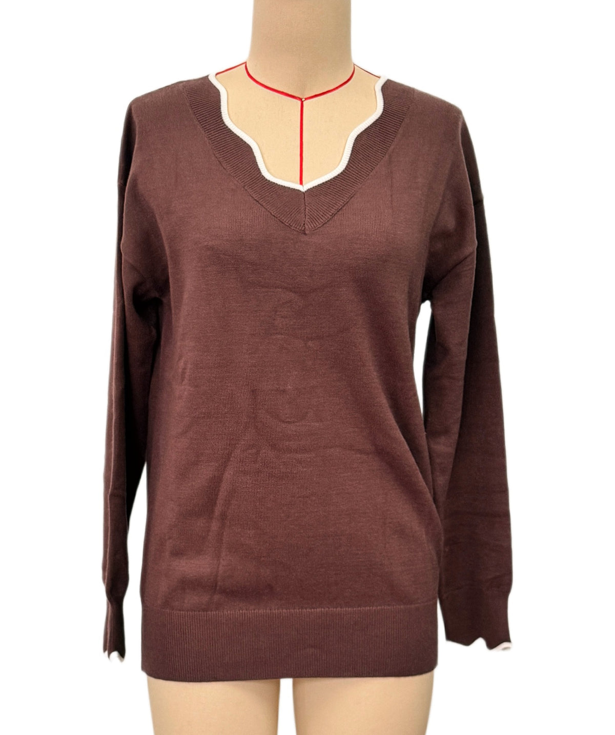 Wavy Trim Long Sleeve Knit Sweater - Coffee