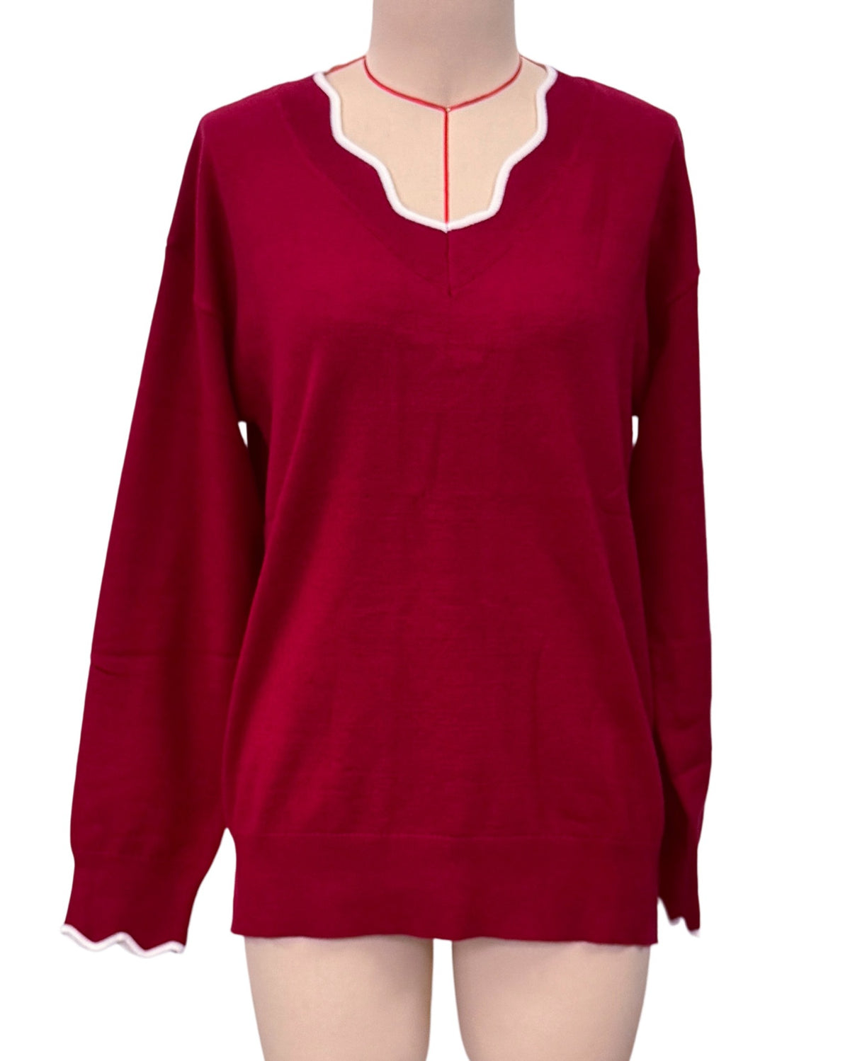 Wavy Trim Long Sleeve Knit Sweater - WineRed