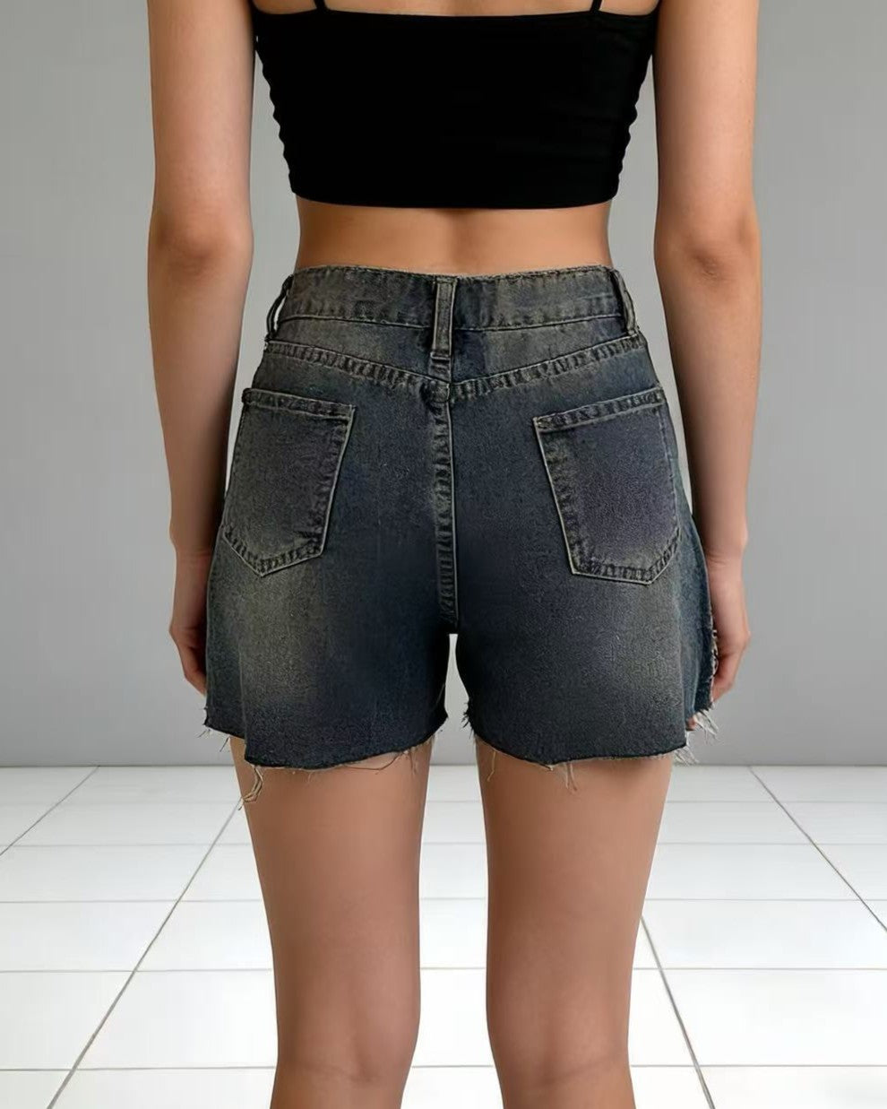 Frayed Hem Denim Shorts With Faded Wash - Blue - 1
