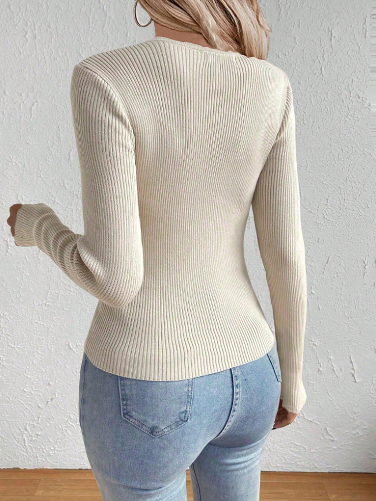 Scalloped V Neck Ribbed Fitted Top - Apricot - 1