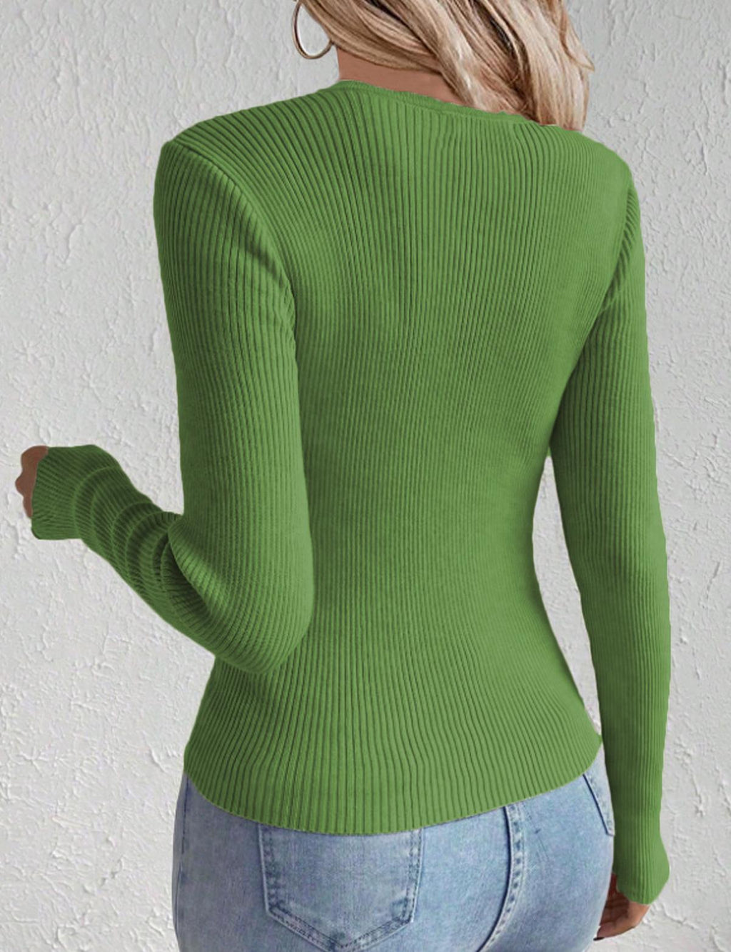 Scalloped V Neck Ribbed Fitted Top - Green - 1