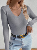 Scalloped V Neck Ribbed Fitted Top - Grey