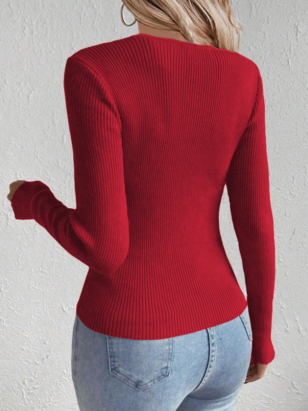 Scalloped V Neck Ribbed Fitted Top - Red - 1