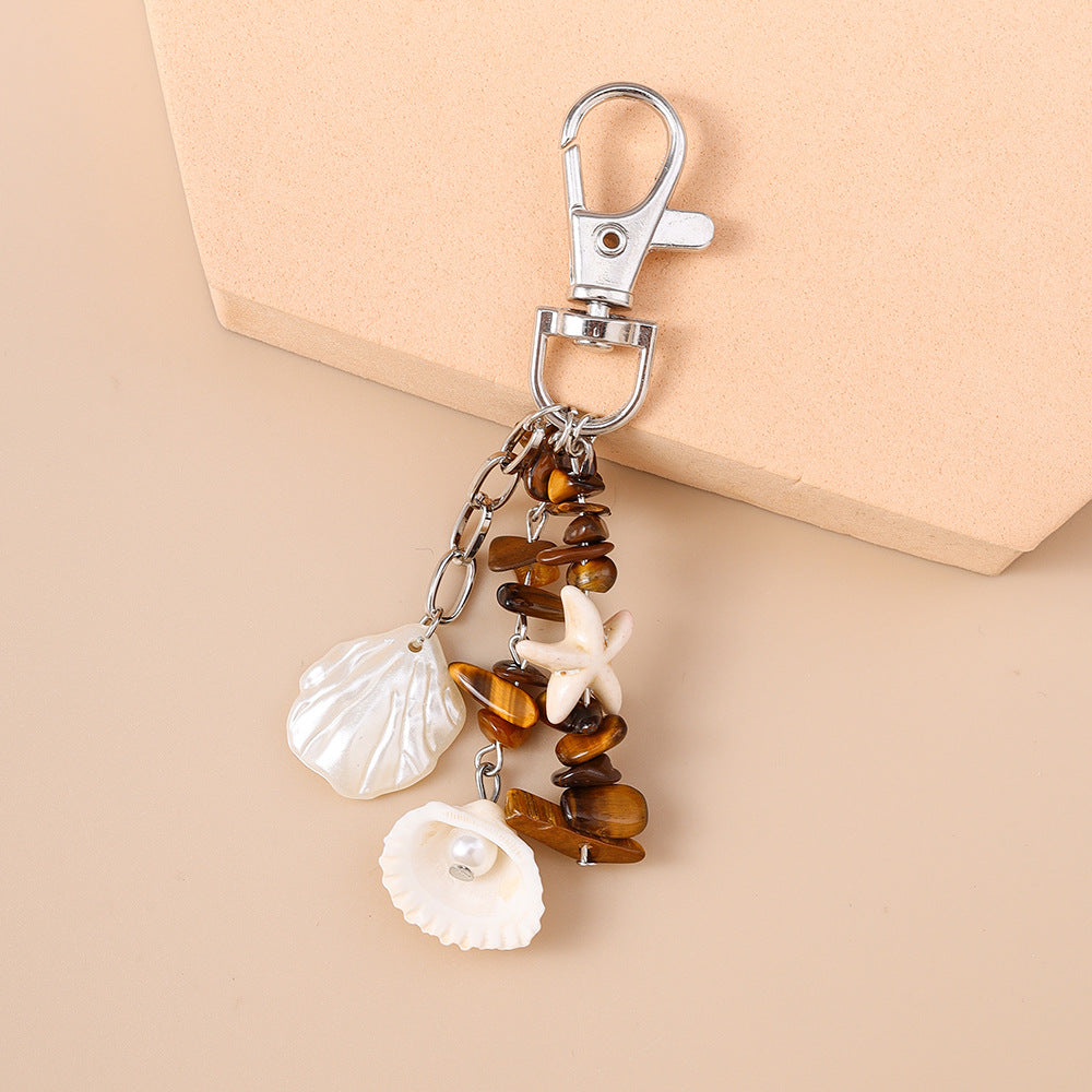 Shell Starfish Tiger Eye Chip Keychain - C2