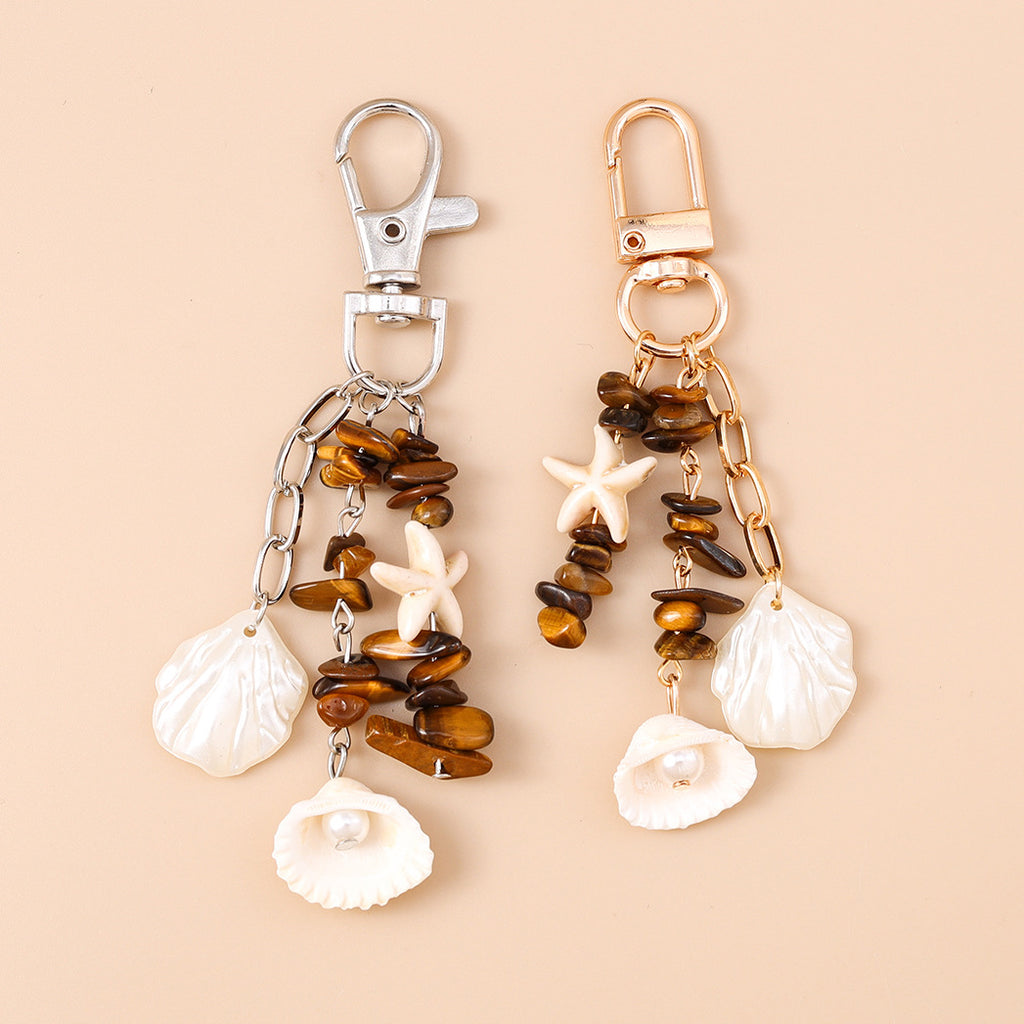 Shell Starfish Tiger Eye Chip Keychain