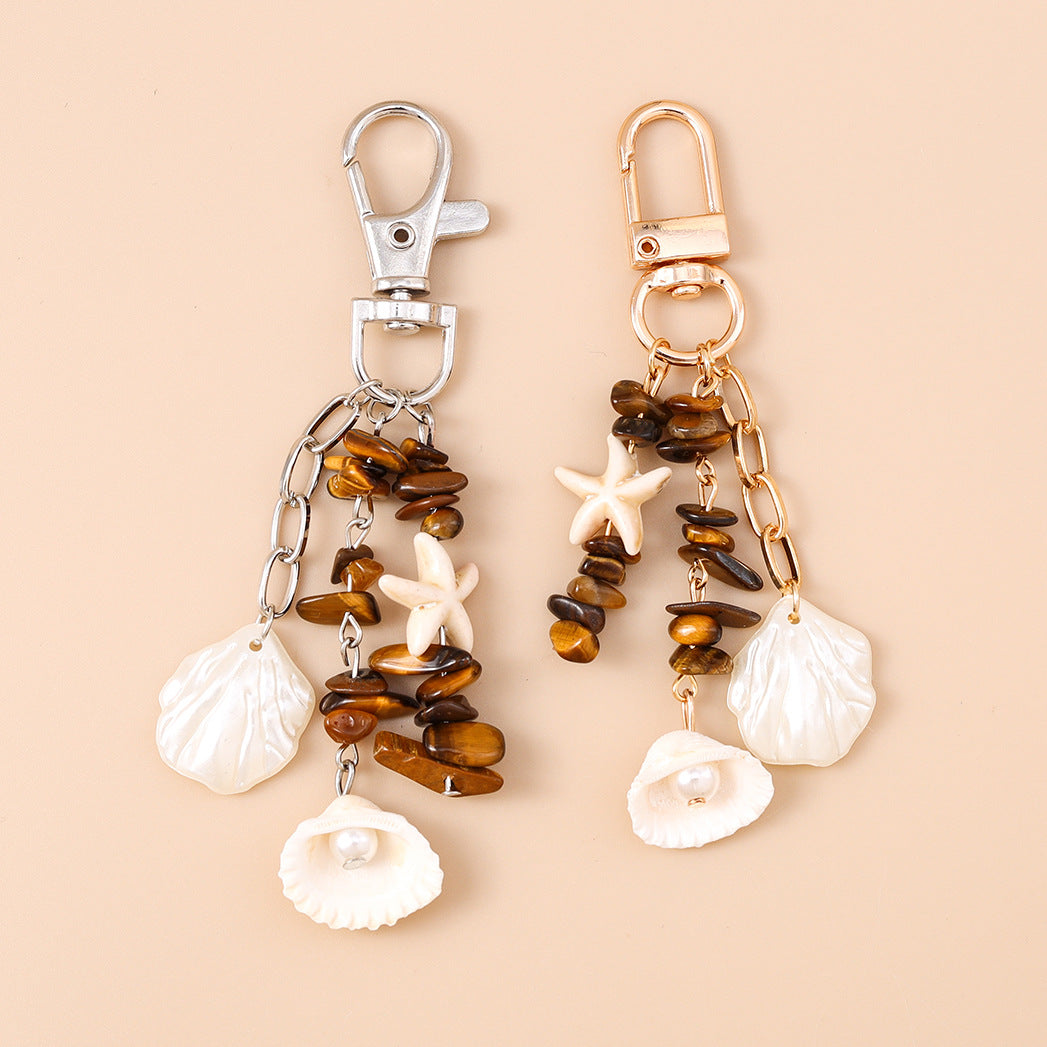 Shell Starfish Tiger Eye Chip Keychain