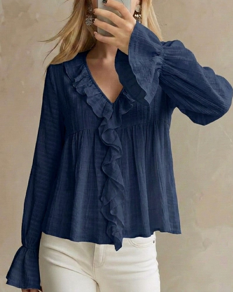 Textured Ruffle V-Neck Flounce Cuff Babydoll Blouse - Blue