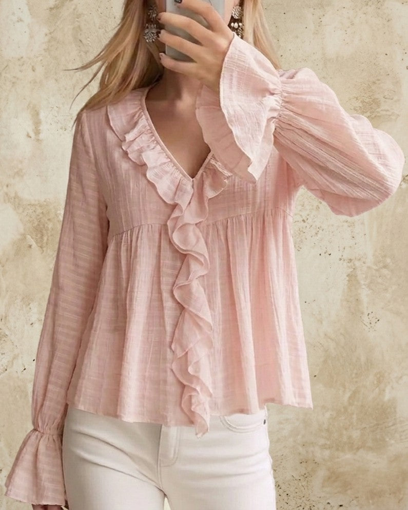 Textured Ruffle V-Neck Flounce Cuff Babydoll Blouse - Pink