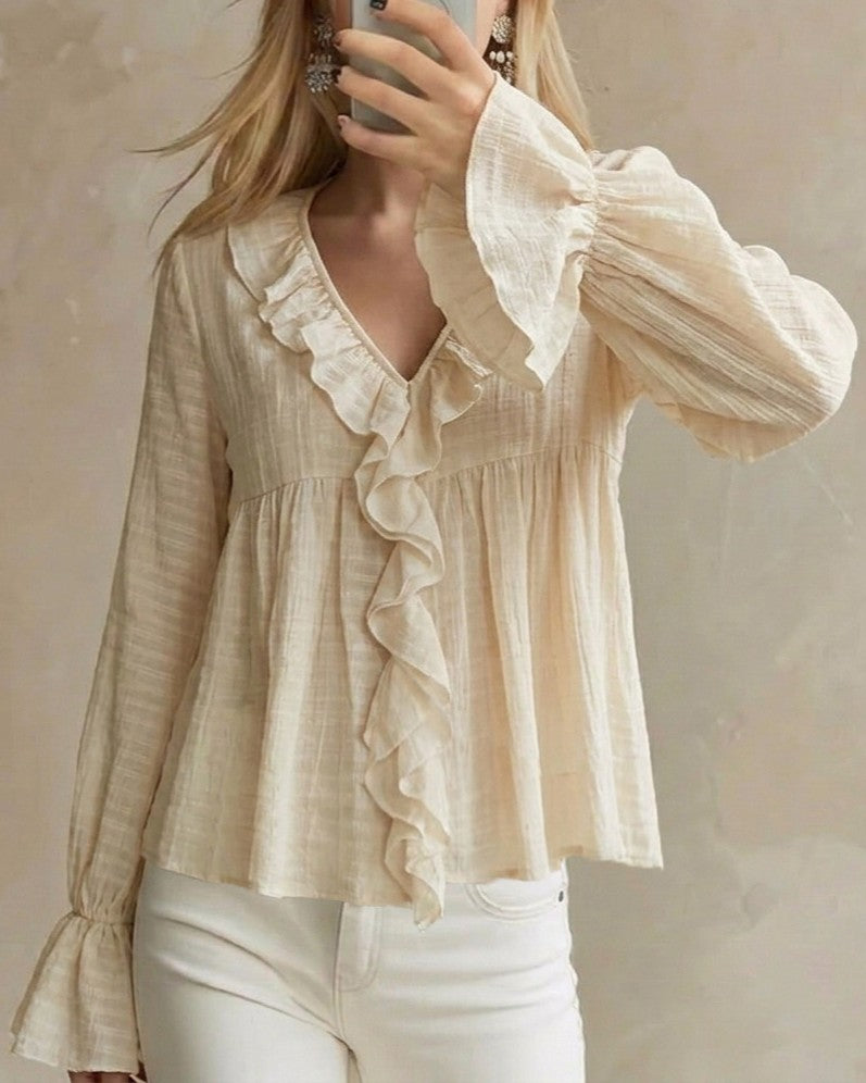 Textured Ruffle V-Neck Flounce Cuff Babydoll Blouse - White