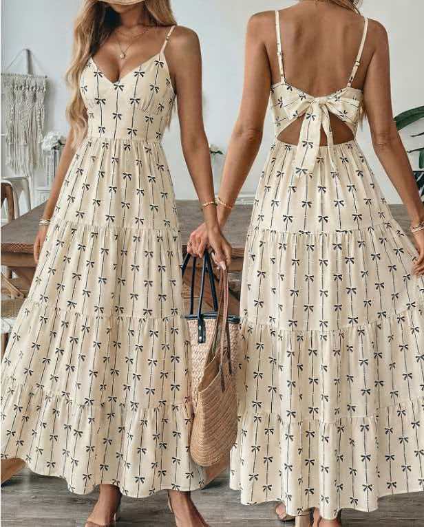 Tiered Floral Maxi Dress With Bow Back - Apricot