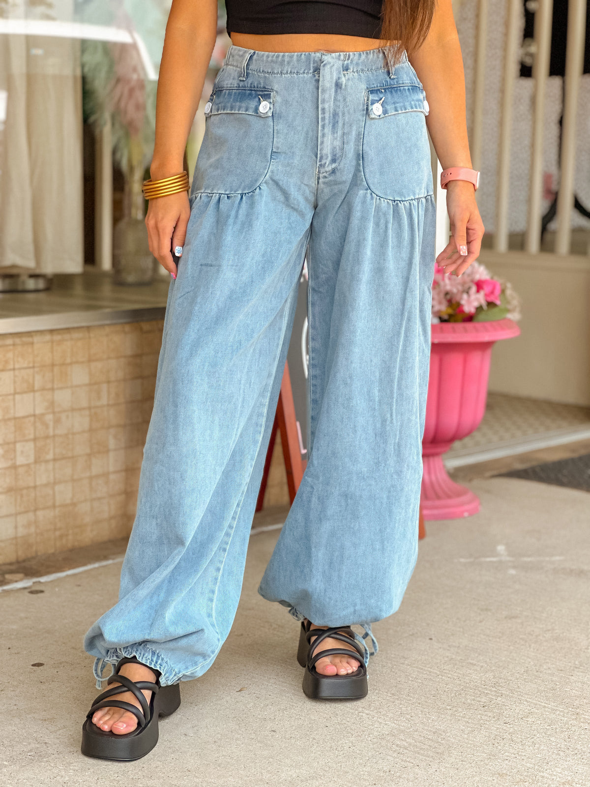 Baggy Wide-Leg Drawstring Hem Jeans - SkyBlue