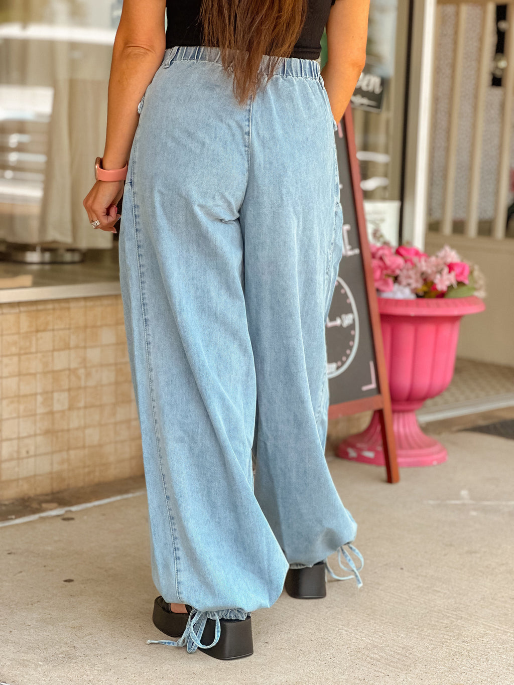 Baggy Wide-Leg Drawstring Hem Jeans - SkyBlue - 1