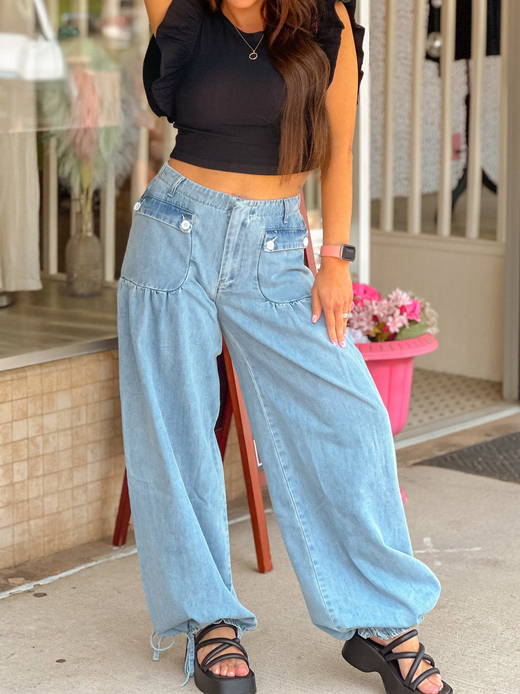 Baggy Wide-Leg Drawstring Hem Jeans - SkyBlue - 2