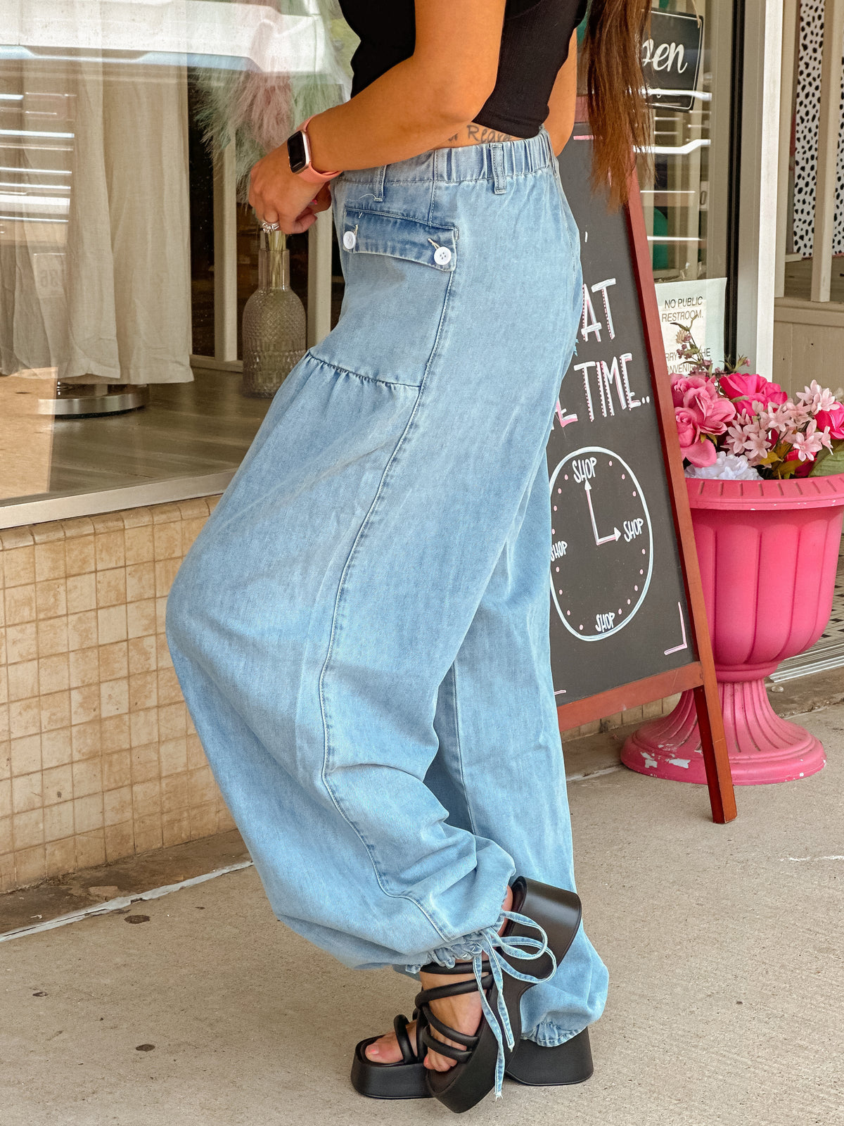 Baggy Wide-Leg Drawstring Hem Jeans - SkyBlue - 3