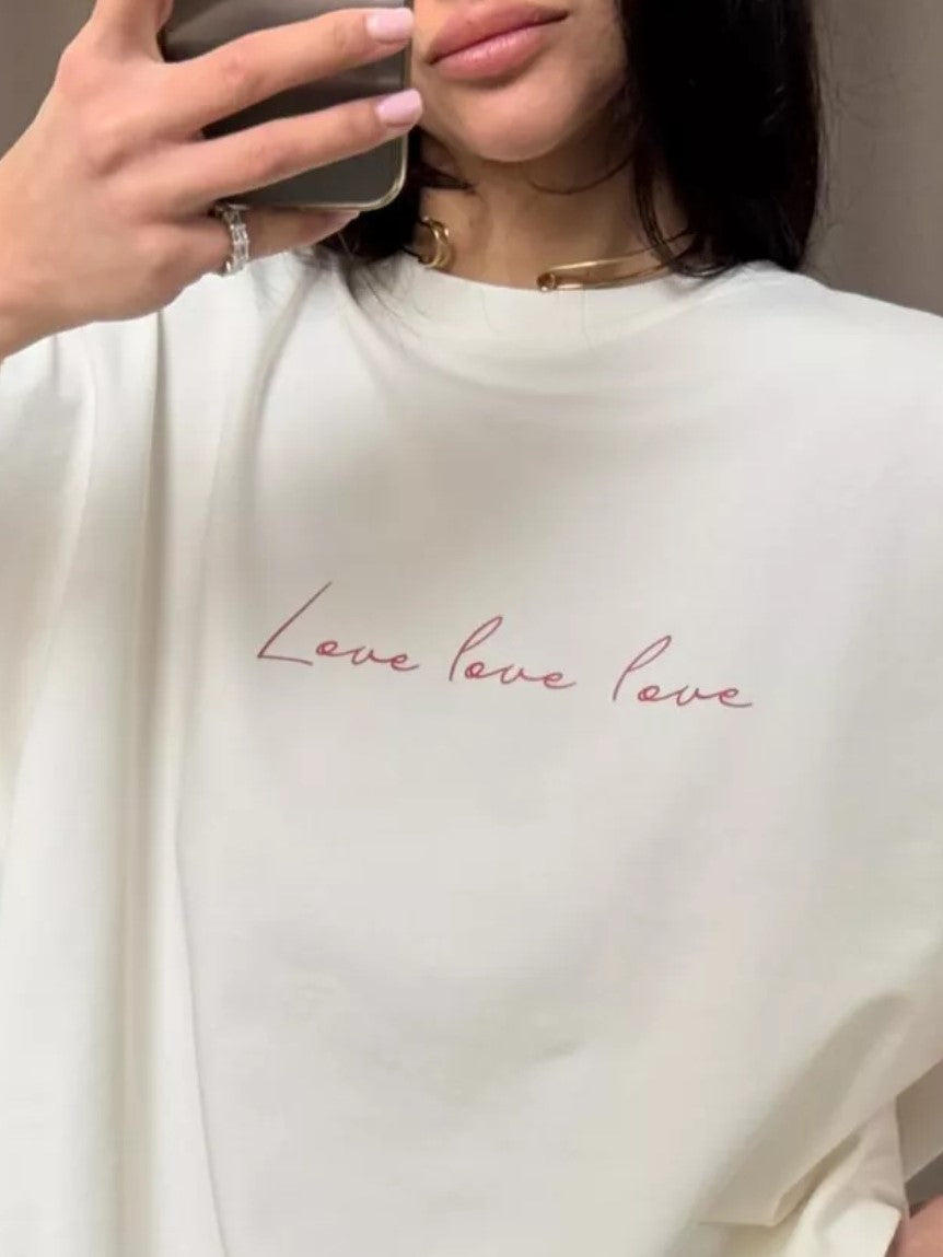 Script Love Print Oversized Cotton Tee - White - 1