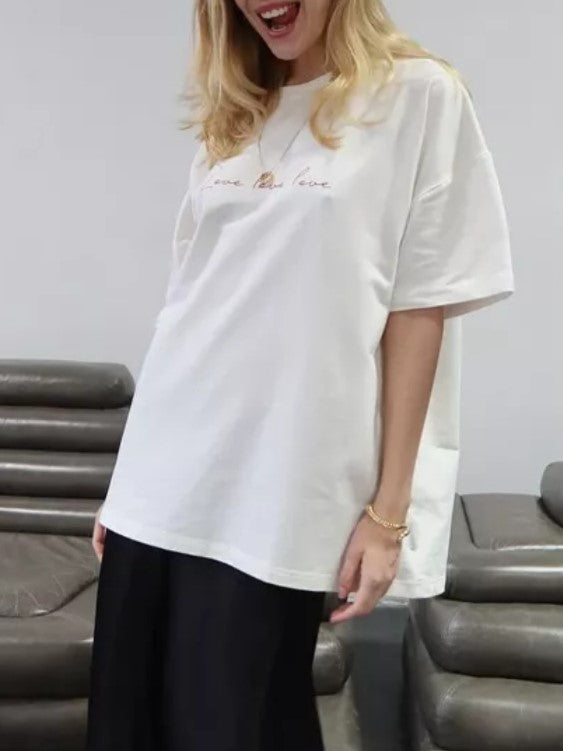 Script Love Print Oversized Cotton Tee - White - 3