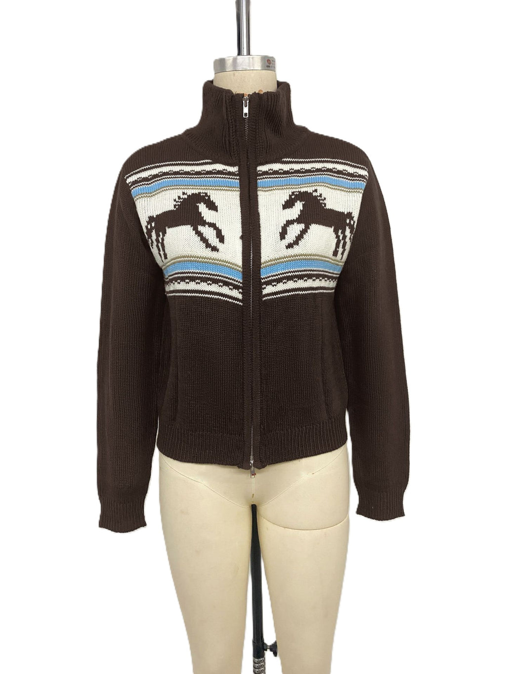 Western Horse Motif Zip Cardigan with Mock Neck - Brown - 1