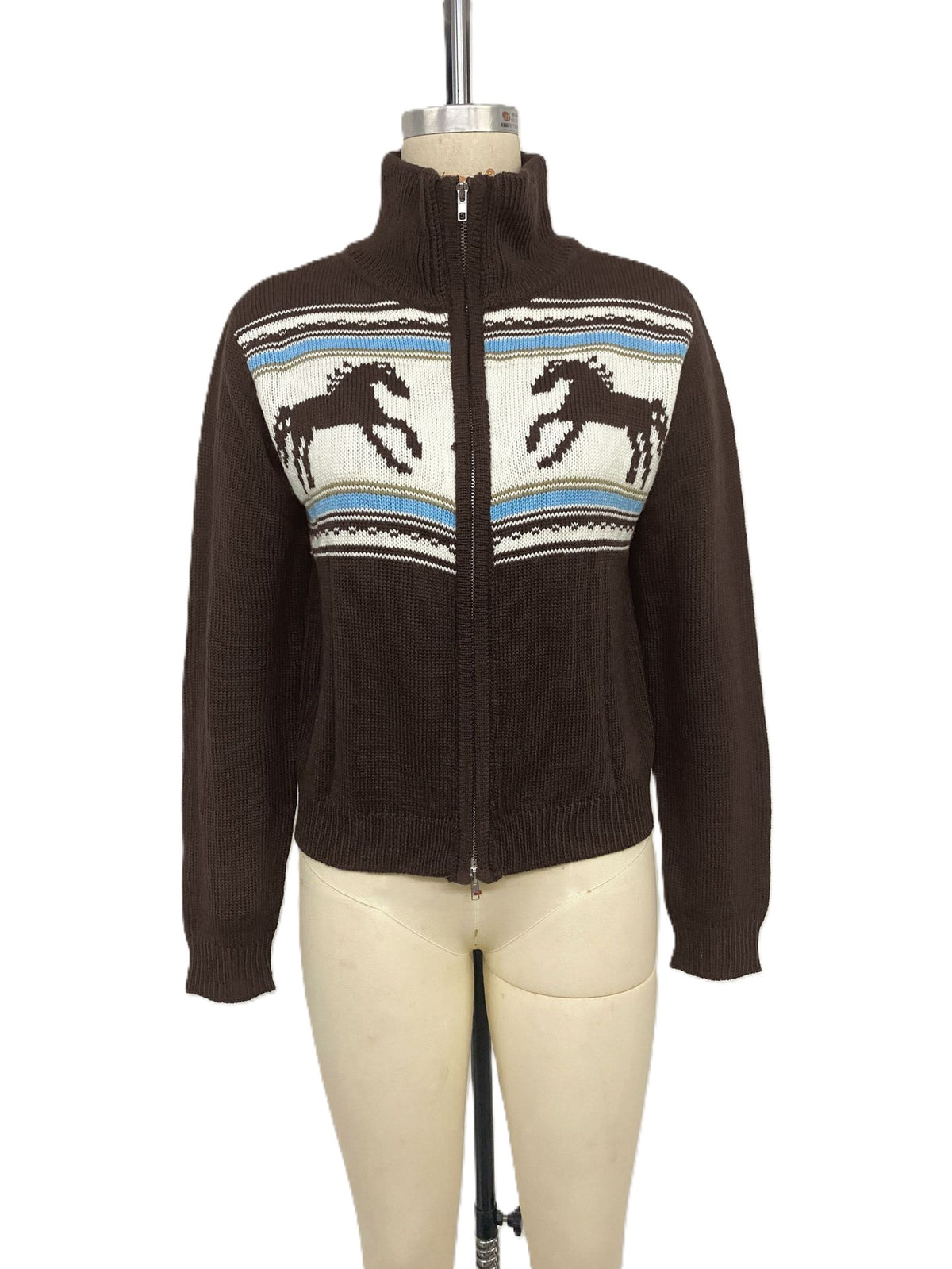 Western Horse Motif Zip Cardigan with Mock Neck - Brown - 1