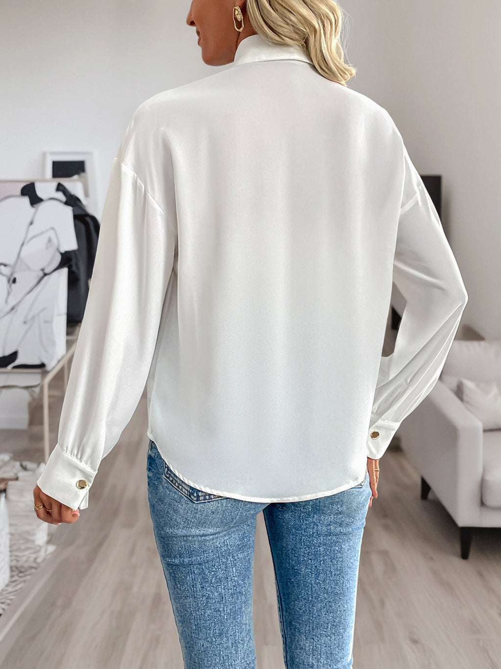 Sequin Panel Oversized Poplin Shirt - White - 4