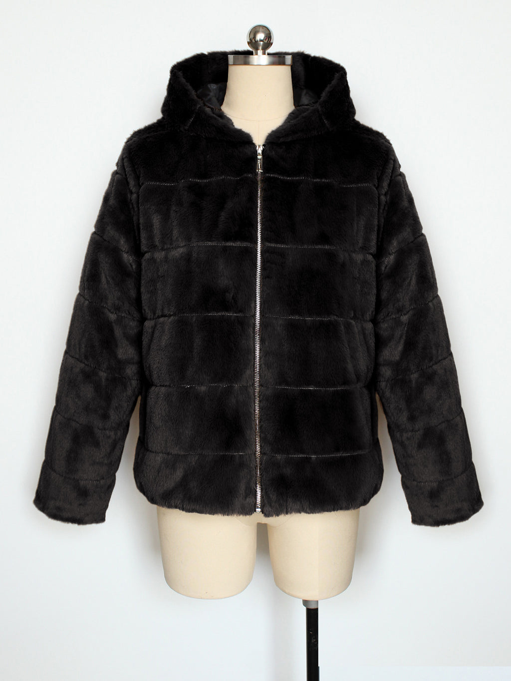 Hooded Faux Fur Zip Up Jacket - Black