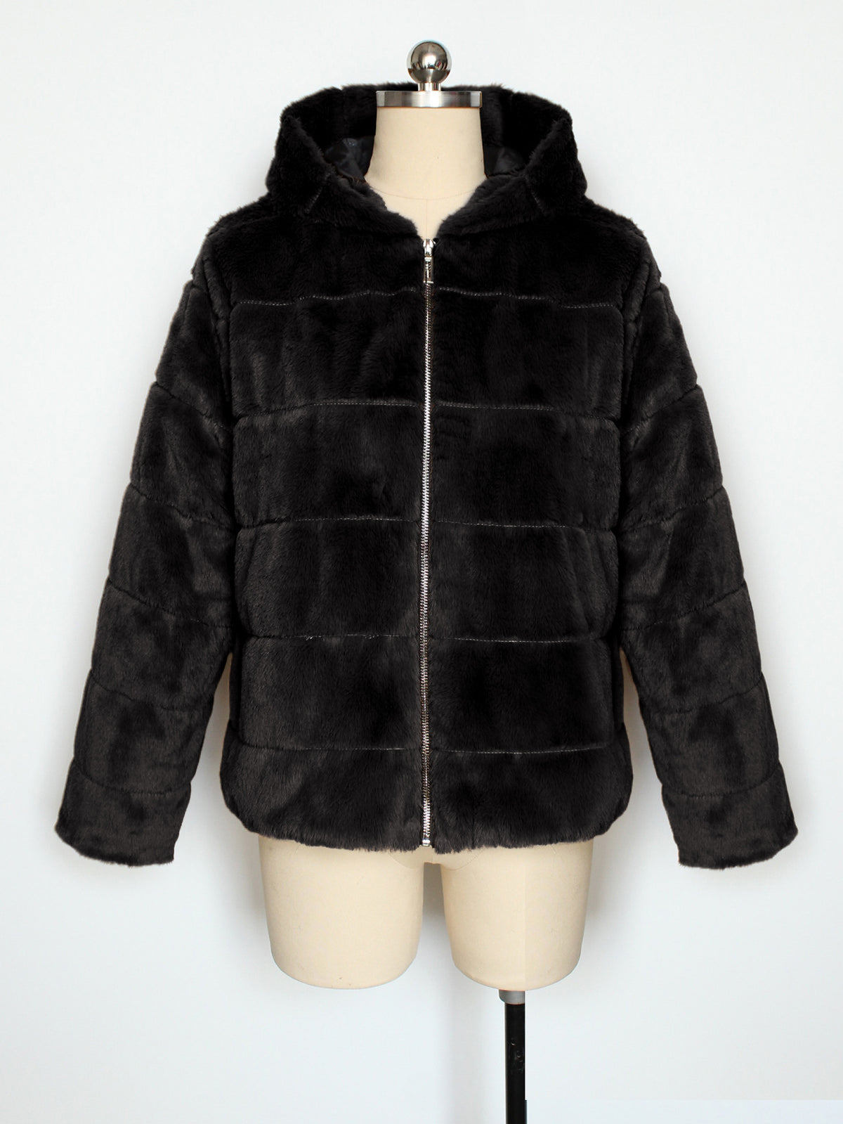 Hooded Faux Fur Zip Up Jacket - Black