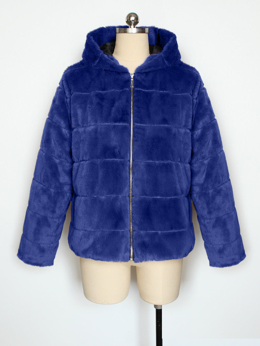Hooded Faux Fur Zip Up Jacket - Blue