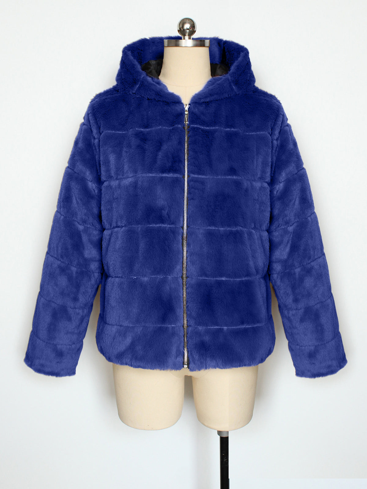 Hooded Faux Fur Zip Up Jacket - Blue