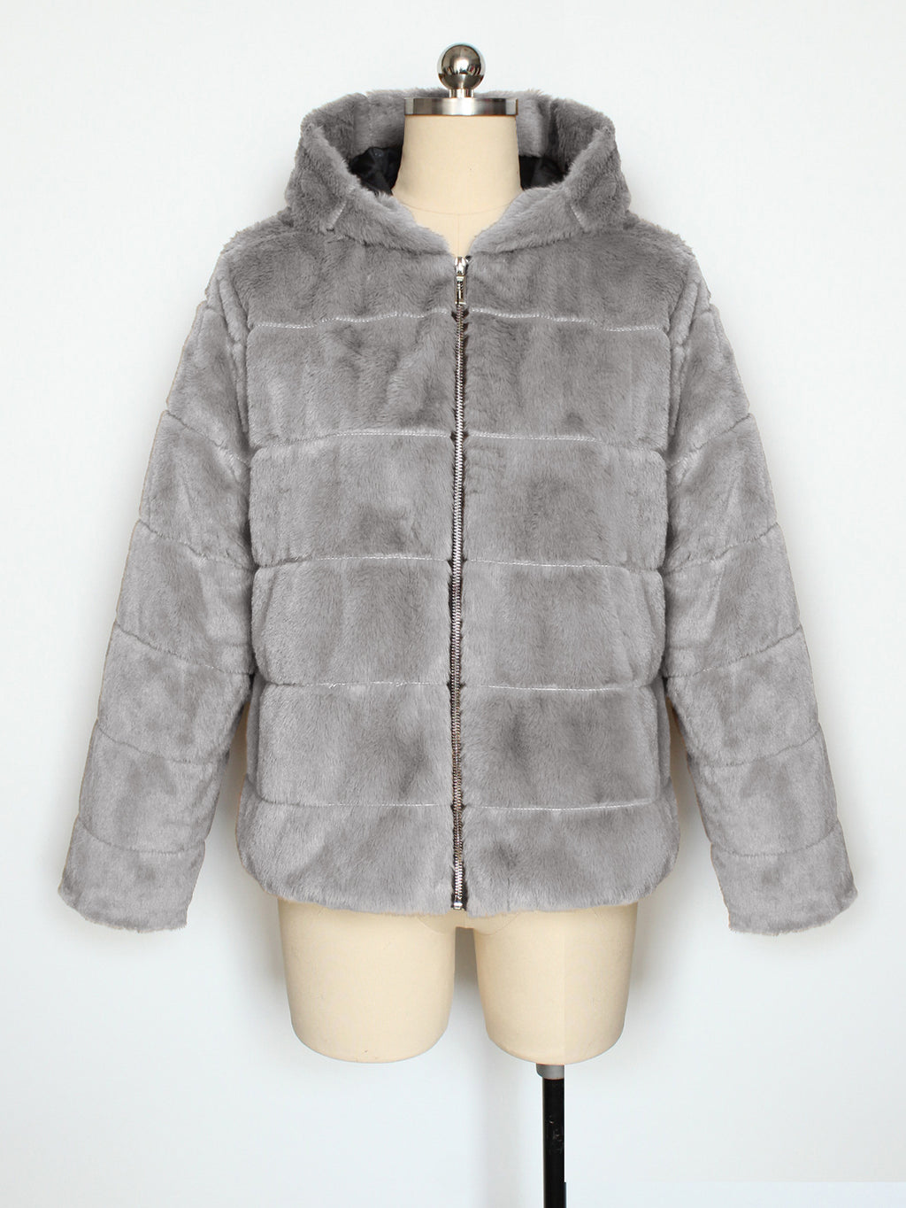 Hooded Faux Fur Zip Up Jacket - Grey