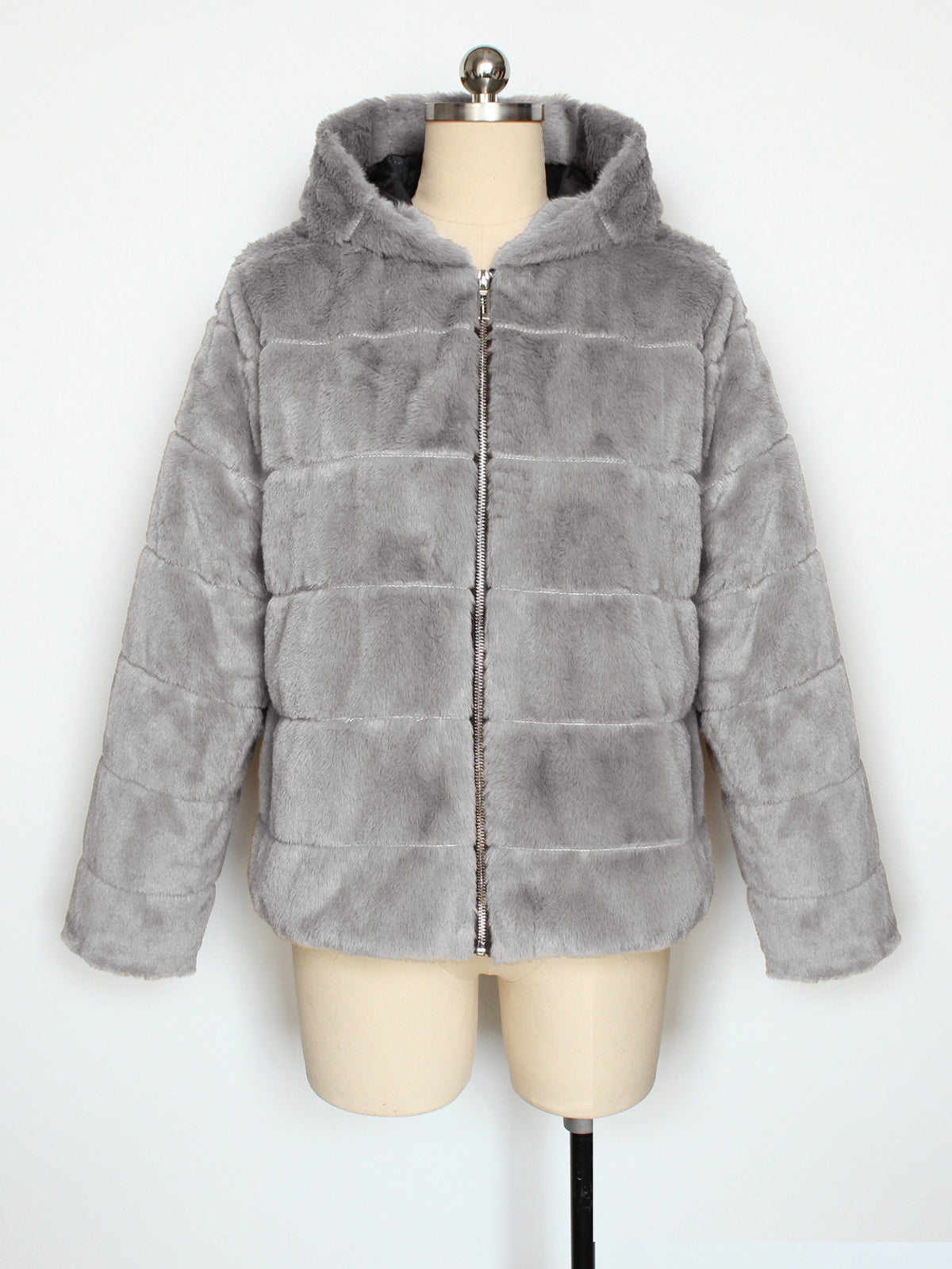 Hooded Faux Fur Zip Up Jacket - Grey
