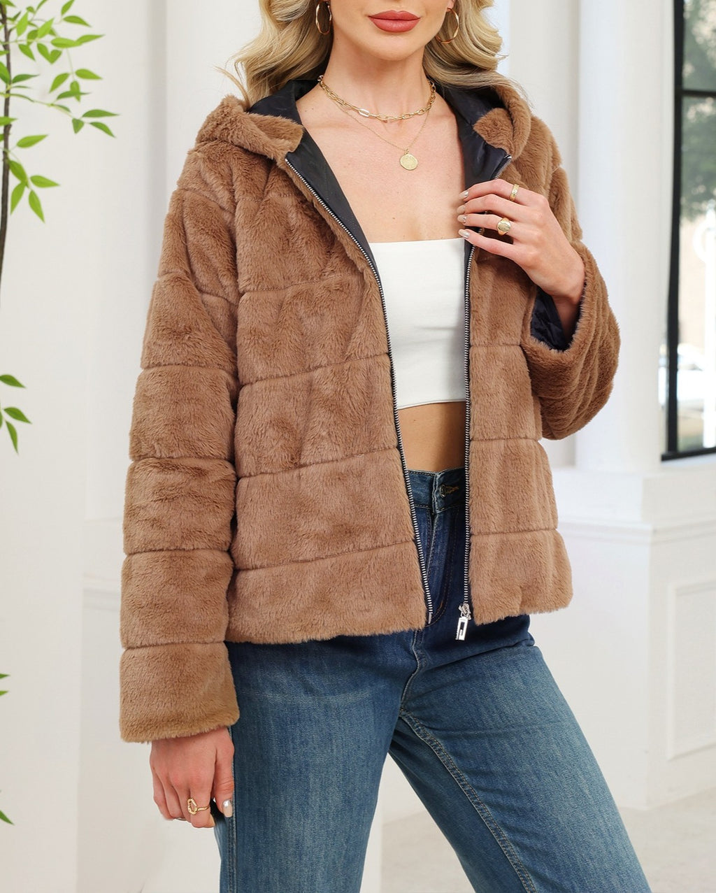 Hooded Faux Fur Zip Up Jacket - Khaki