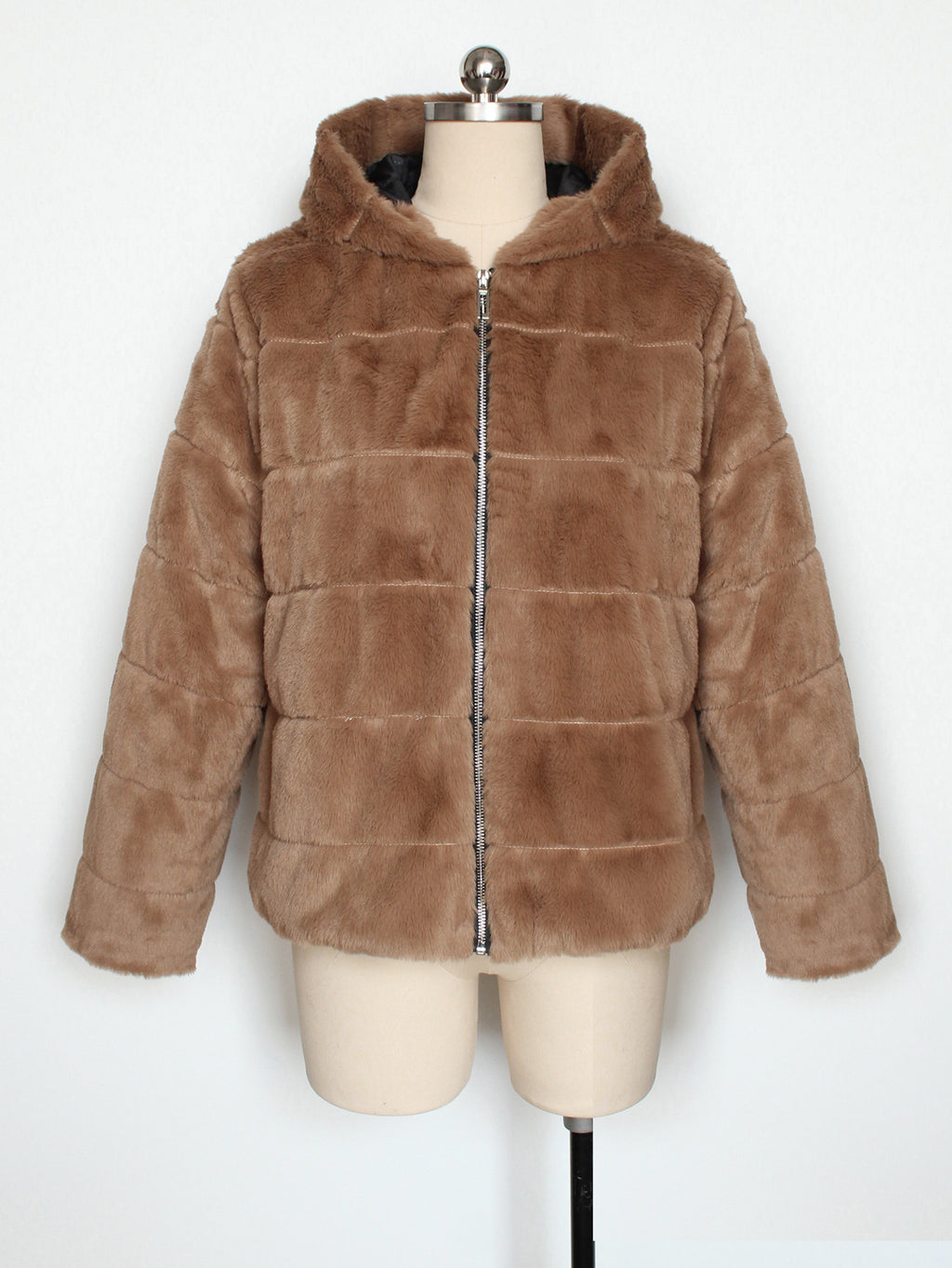 Hooded Faux Fur Zip Up Jacket - Khaki - 1