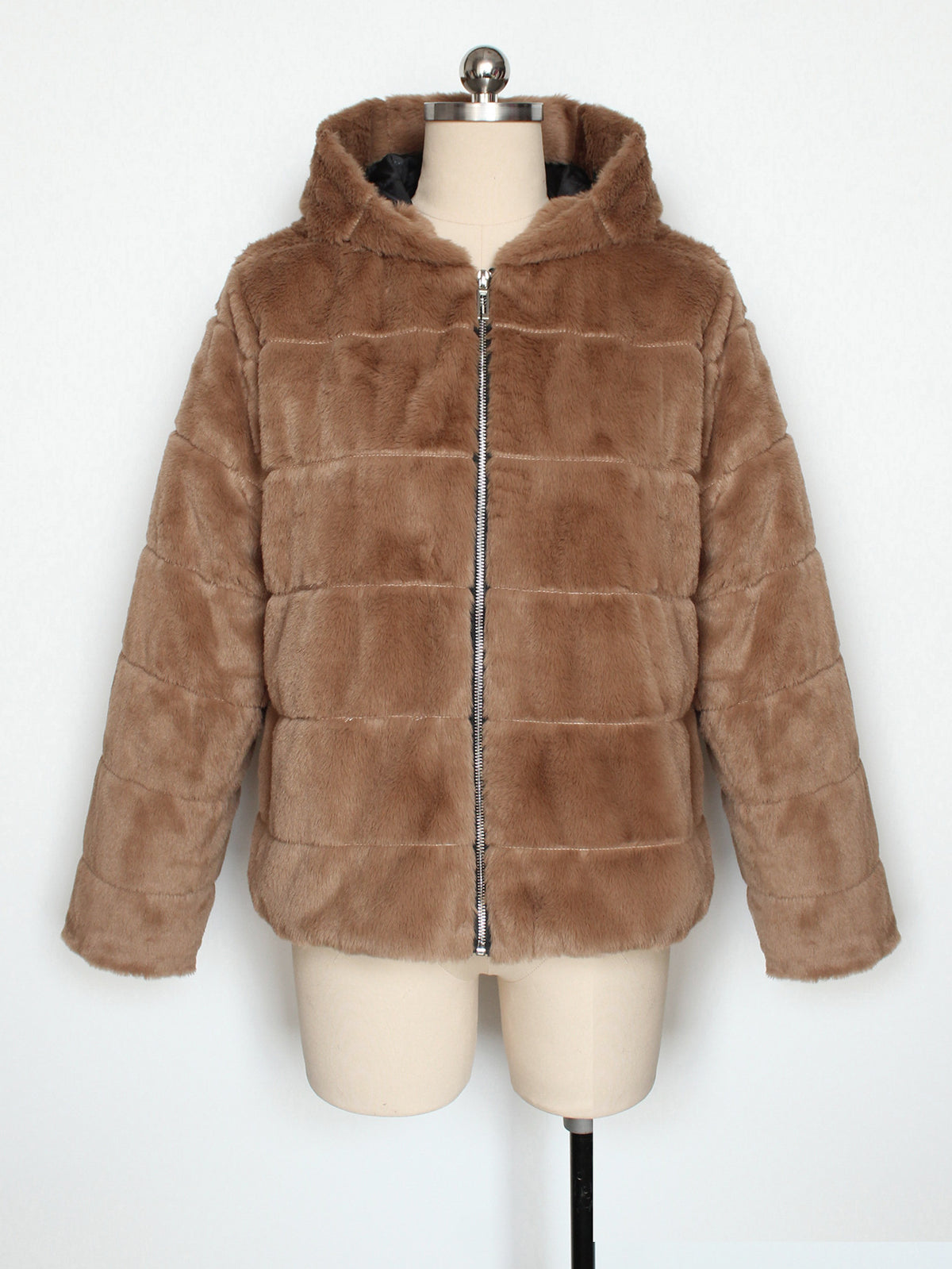 Hooded Faux Fur Zip Up Jacket - Khaki - 1