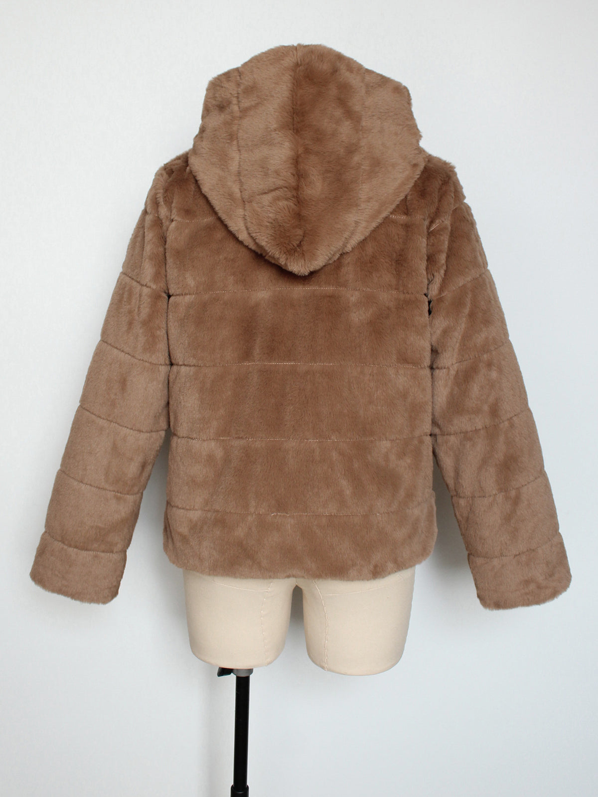 Hooded Faux Fur Zip Up Jacket - Khaki - 2