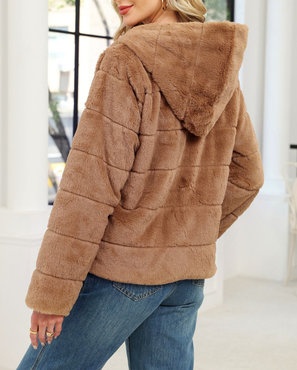 Hooded Faux Fur Zip Up Jacket - Khaki - 3