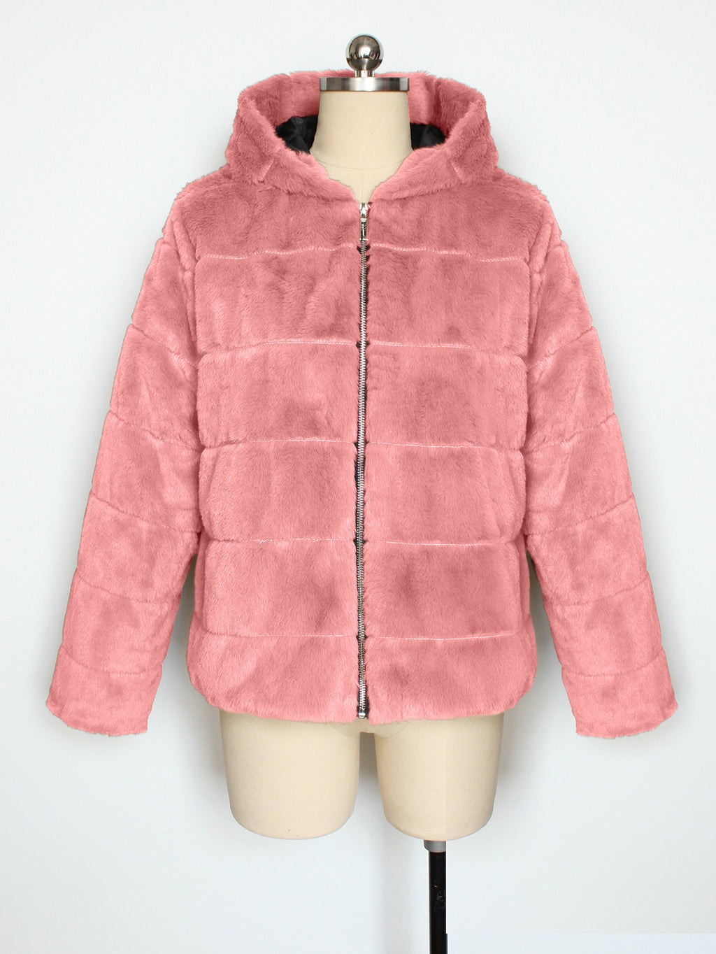Hooded Faux Fur Zip Up Jacket - Pink